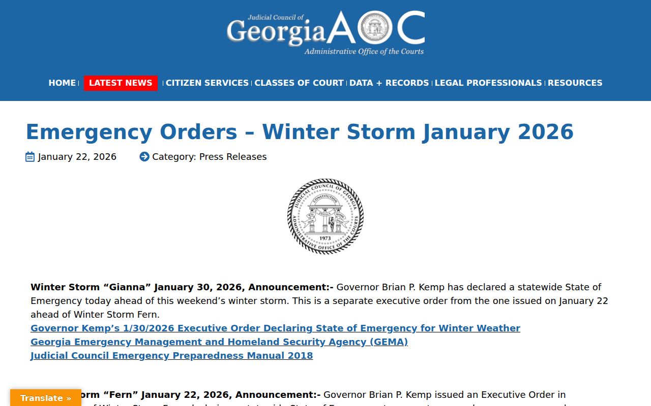 Georgia Courts emergency orders affecting court schedules during Winter Storm Fern