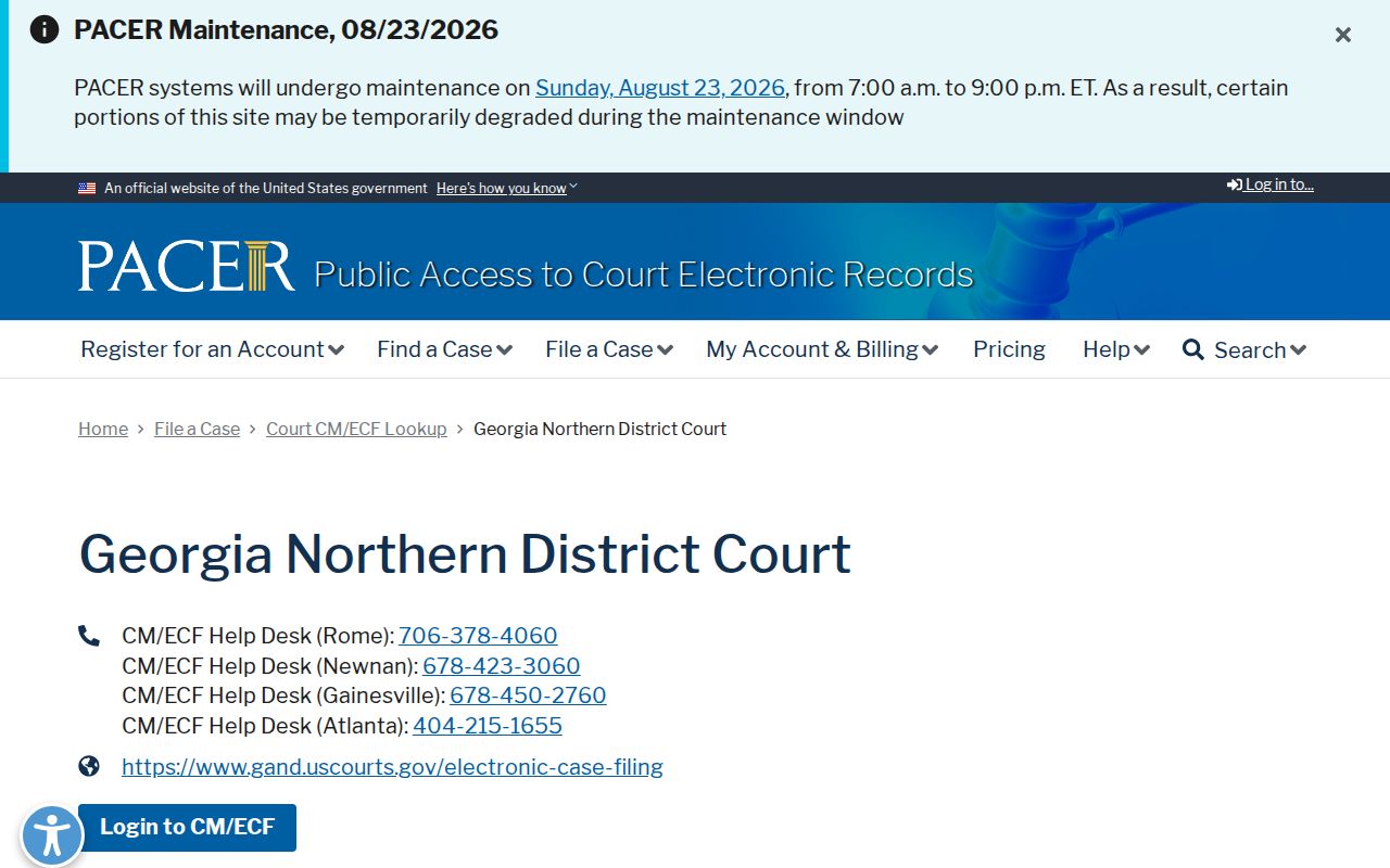 PACER CM ECF lookup for the Northern District of Georgia