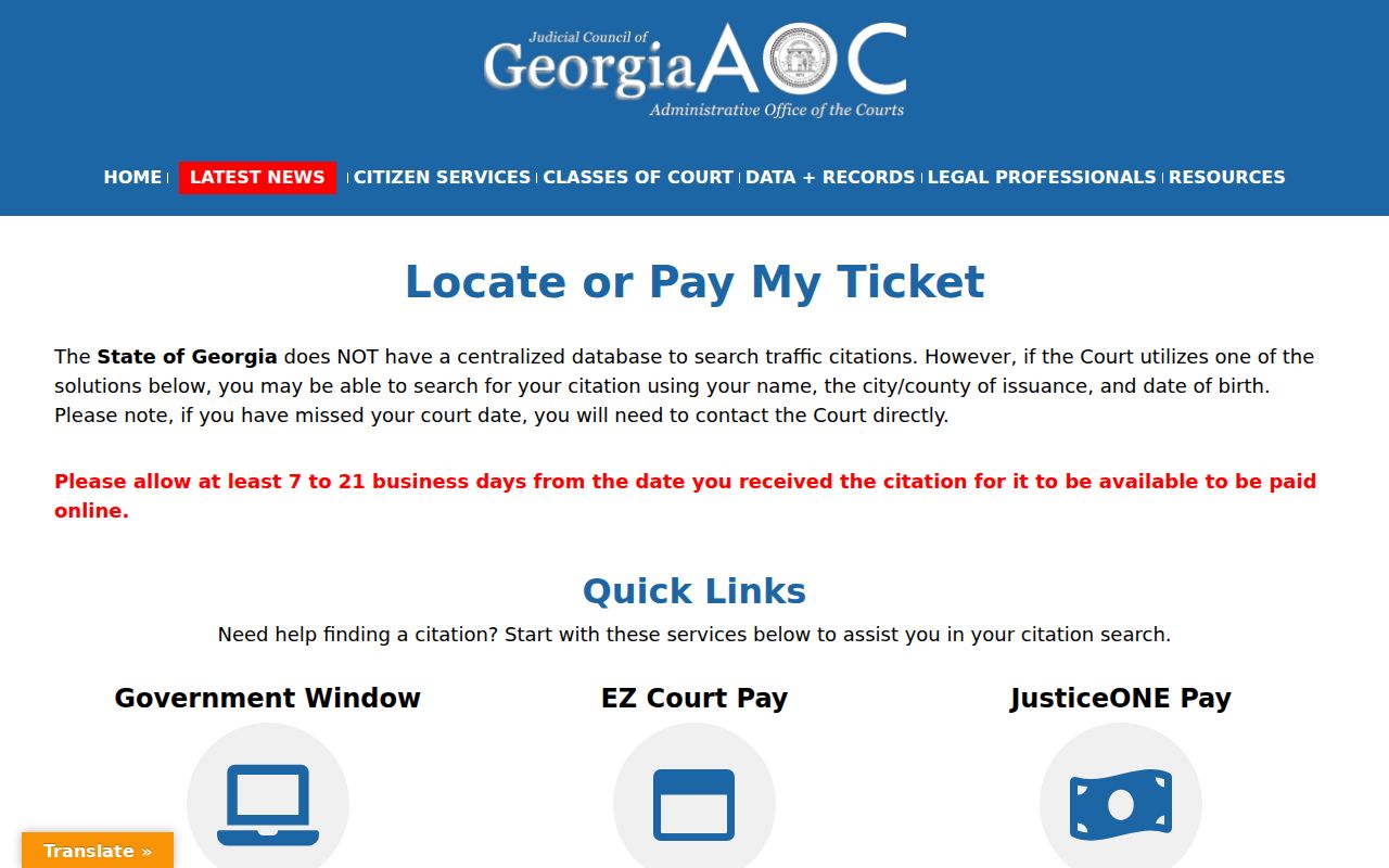 Georgia Courts guidance for locating or paying a traffic ticket